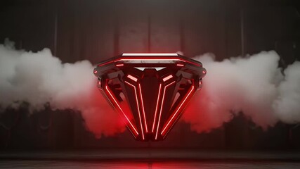 Glowing red neon diamond shape on a dark stage with flowing smoke and futuristic design - Powered by Adobe