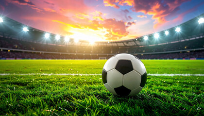 Soccer Ball on Stadium Field at Sunset