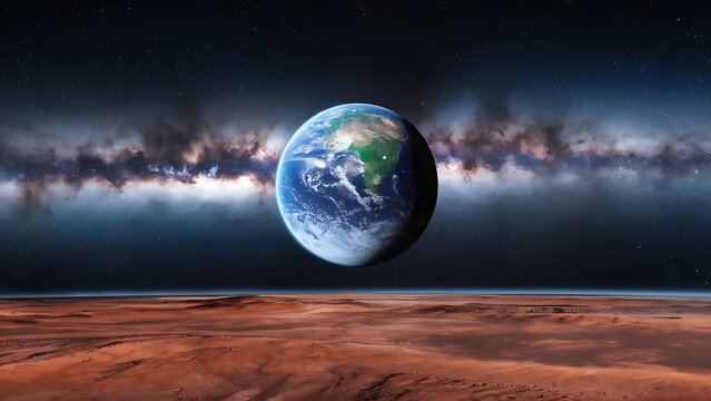 Earth rising over Martian landscape, a cosmic perspective of planetary contrast.