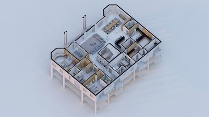 Modern Luxury Home Floor Plan with Open Living and Kitchen Space 3D Architectural Rendering