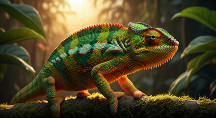 Obraz premium Chameleon Under Sunset Light Cinematic Golden Hour JPG