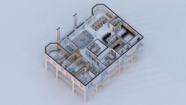 Modern Luxury Home Floor Plan with Open Living and Kitchen Space 3D Architectural Rendering