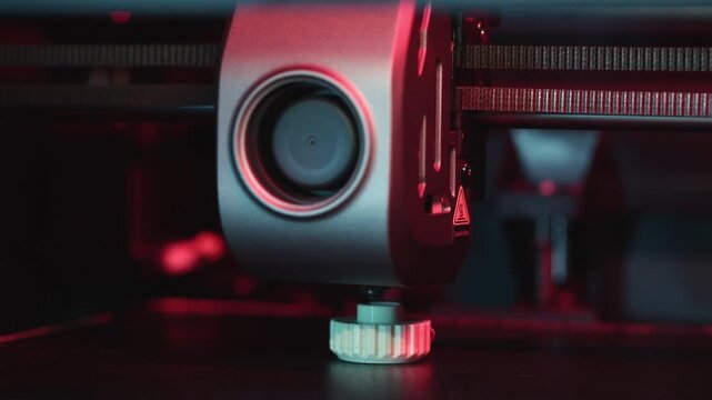 Close-up view of a precision 3D printer's nozzle in action, showcasing intricate details and vibrant lighting, emphasizing the technology's capabilities and craftsmanship