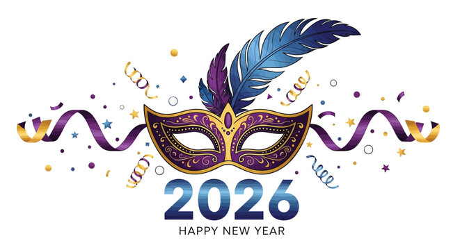 Elegant purple and gold masquerade mask with feathers and confetti celebrating happy new year 2026