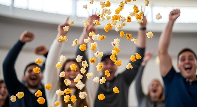 Group of people celebrating with popcorn in the air. - Powered by Adobe