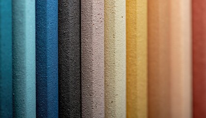 Close up macro shot of textured fabric samples in a variety of vibrant colors including teal blue black rose gold beige and coral with soft lighting creating a gradient effect