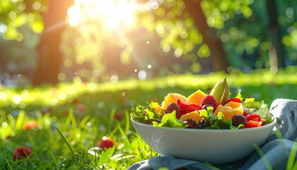 Fresh Fruit Salad in White Bowl with Sunlit Green Background and Bokeh Effect