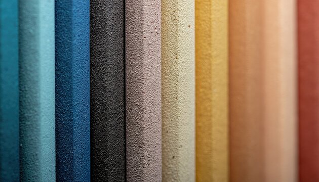 Close up macro shot of textured fabric samples in a variety of vibrant colors including teal blue black rose gold beige and coral with soft lighting creating a gradient effect