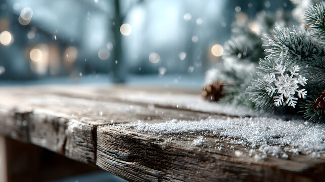 empty wooden table top with frame made of snowflakes and fir tree branches background for design for winter holidays christmas and new year top view flat lay with copy space - Powered by Adobe