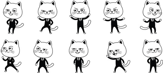 Minimalist 2D cat stickman icons with ten confident playful poses in clean black vector style