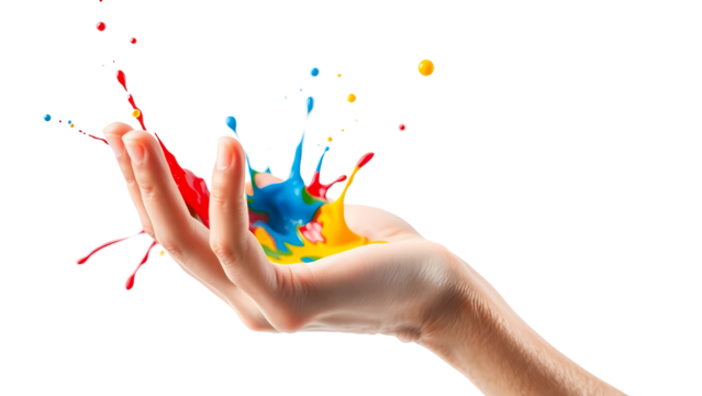 A hand holding and releasing a vibrant splash of red, blue, and yellow paint against a clean white background.