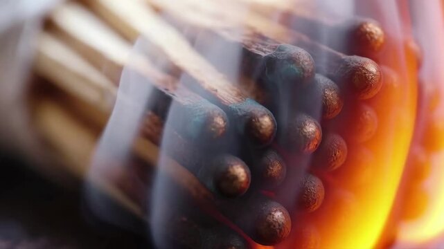 Fire Ignition Scene With Burning Matches And Bright Cyan Tips Closeup View