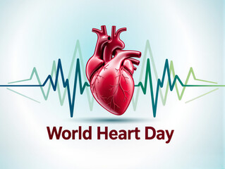 World Heart Day Celebration: Global Unity Around A Big Red Heart With Colorful People. A large red heart sits at the center, surrounded by diverse, colorful silhouettes forming a circle around world.