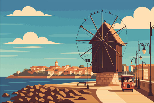 Nesebar Coastal Windmill Art Print &ndash; Bulgaria Seaside Town Illustration