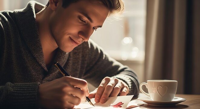 Man Writing a Letter with Coffee in Cozy Setting.