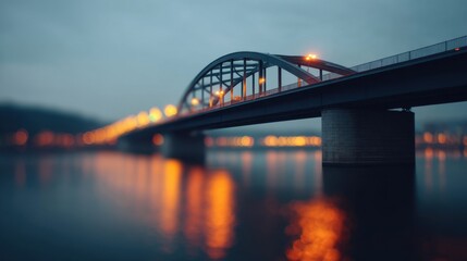 Serene Twilight Over Urban Bridge with Gentle Reflections and Soft Lights Creating a Tranquil Atmosphere on a Calm Body of Water at Dusk