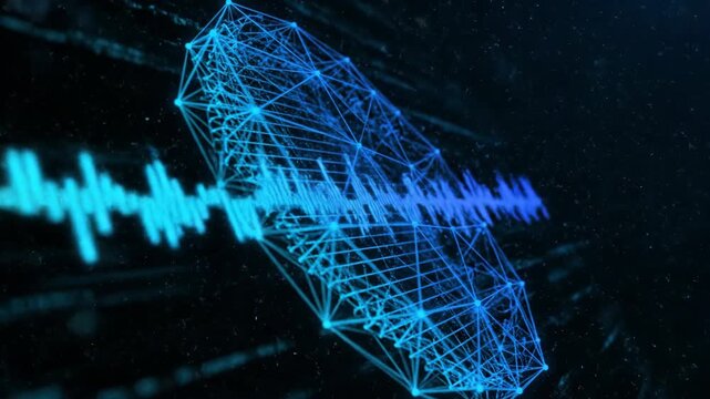 Futuristic 3D plexus network visualizing a digital audio waveform, symbolizing AI, big data analysis, and voice recognition technology. Abstract glowing neon lines forming a blue gradient futuristic