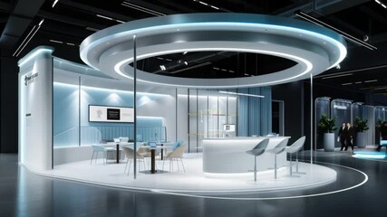 Circular futuristic exhibition stage with neon blue illumination and metallic texture - Powered by Adobe