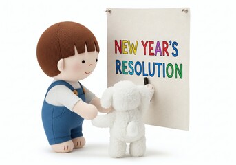 A felt doll of a boy helping a small white plush dog write 'NEW YEAR'S RESOLUTION' in colorful letters on a piece of hanging canvas.