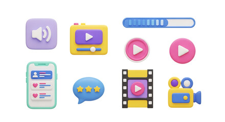 Collection of 3d video and social media icons isolated on transparent background