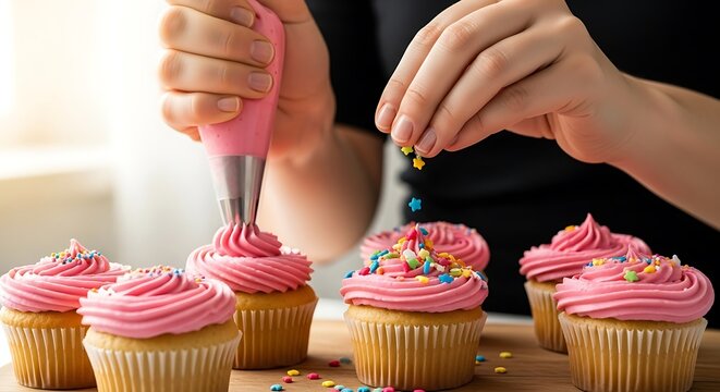 Delicate pink cupcakes being decorated with frosting and colorful sprinkles showcasing baking artistry for a sweet