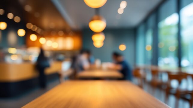 Soft focus interior view of a cozy café, highlighting warm lighting, wooden tables, and blurred patrons enjoying coffee and conversation in a relaxed atmosphere