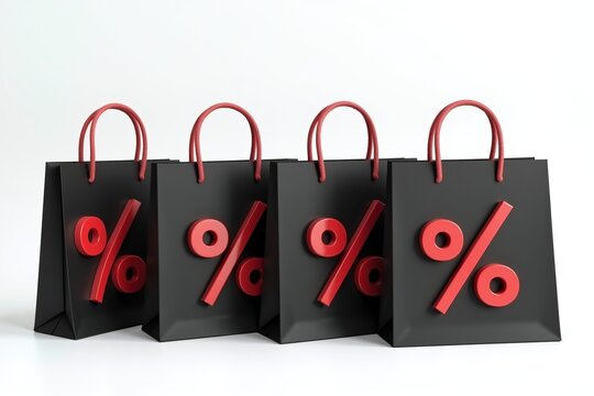 Four black shopping bags with red percentage symbols, symbolizing discounts and sales promotions on a clean white background.