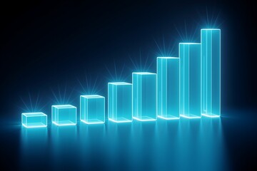 Glowing blue bars rise in ascending order, radiating light against a dark background. Futuristic data visualization concept.