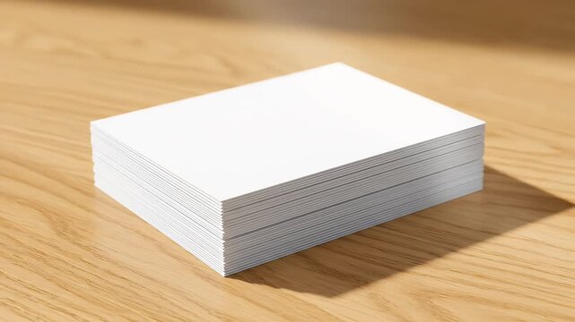 Stack of White Rectangular Cards on Light Brown Wooden Surface in Bright Studio Lighting Business Concept Background With Shadow