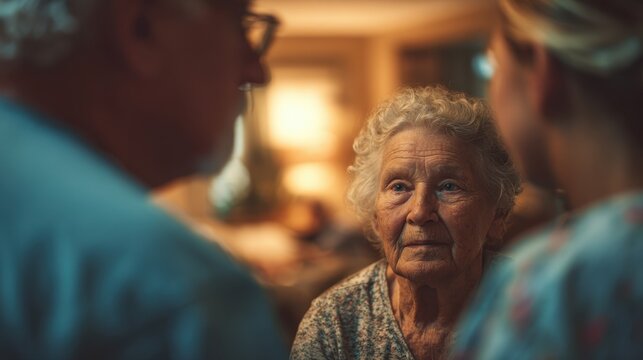 Elderly Woman Listening Attentively to Family Members in Cozy Home Environment