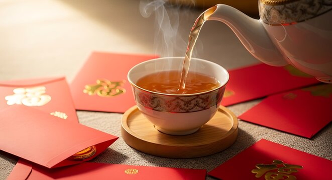Pouring tea into a cup surrounded by red envelopes.