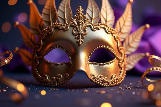 Golden ornate mask adorned with feathers, set against purple backdrop with glitter and bokeh lights. Elegant masquerade theme.