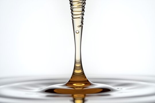 Golden syrup drips from glass dropper, creating ripples on reflective surface against bright white background.