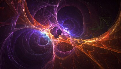 Abstract, vibrant fractal art with flowing, glowing lines in shades of purple & orange
