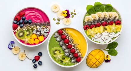 Colorful assortment of healthy superfood smoothie bowls with fresh fruit