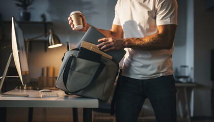 Man holding coffee cup and packing laptop into bag in modern home office workspace with computer and desk lamp