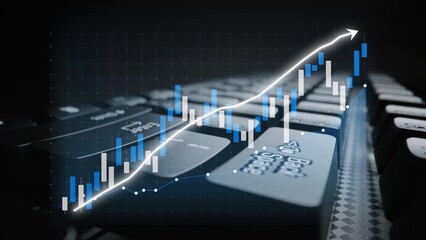 A close-up view of a keyboard with a rising graph overlay, symbolizing financial growth and data analytics in business, depicting modern investment trends. Copula