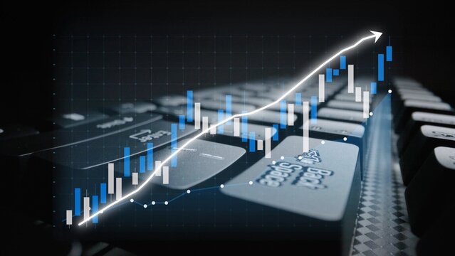 A close-up view of a keyboard with a rising graph overlay, symbolizing financial growth and data analytics in business, depicting modern investment trends. Copula