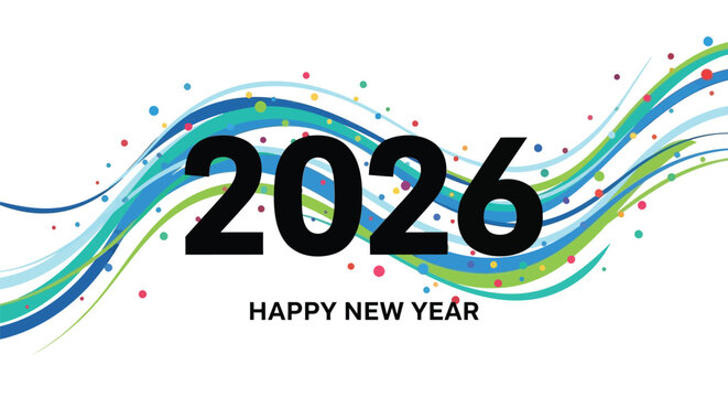 Happy new year 2026 greeting card with colorful abstract wavy lines and confetti on a white background