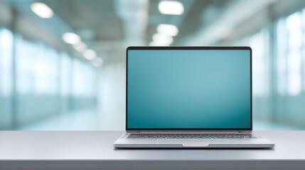 Fototapeta premium Modern Laptop on Desk in Bright Office Space with Blurred Background Featuring Clear Screen for Business and Technology Concepts
