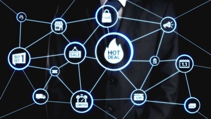 Sale and promotion icons with hot deal, discount tag, shopping bag, limited offer, coupon, VIP...