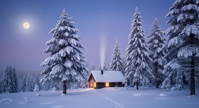 Cozy Cabin in a Moonlit Snowy Winter Forest