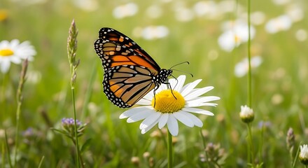 Obraz premium Monarch Butterfly on Daisy in Meadow - A Serene Nature Scene.