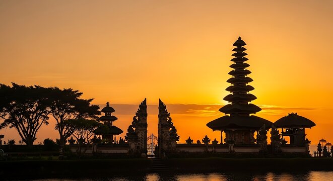 Silhouette of Ulun Danu Beratan Temple at Sunset, Bali, Indonesia.