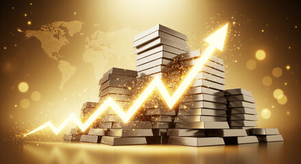 Golden financial growth chart with upward arrow and world map
