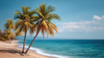 Fototapeta premium Tranquil Beach Scene with Palm Trees on Shore Under Bright Sky and Calm Ocean Waves for Relaxation and Serenity in Nature Photography