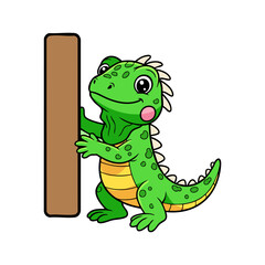 Letter I with Cute Iguana Cartoon Vector
