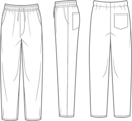 Cad drawing flat vector illustration, technical pants sketch front side back view