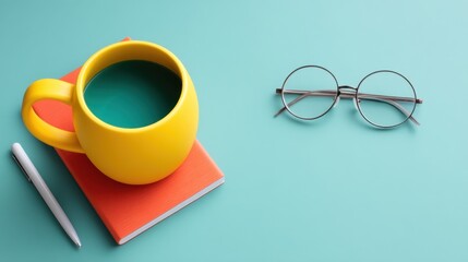 Bright Yellow Mug with Coffee on Notepad along with Pen and Eyeglasses on a Teal Background for Creative Workspace Concept