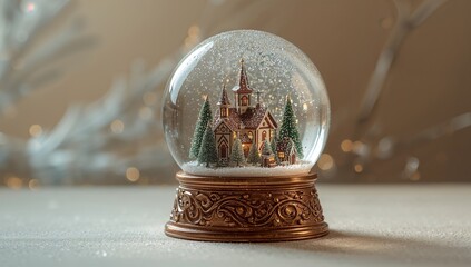 Enchanting snow globe captures a miniature winter village with a church, evergreen trees, and falling snow, evoking holiday magic and cozy nostalgia.